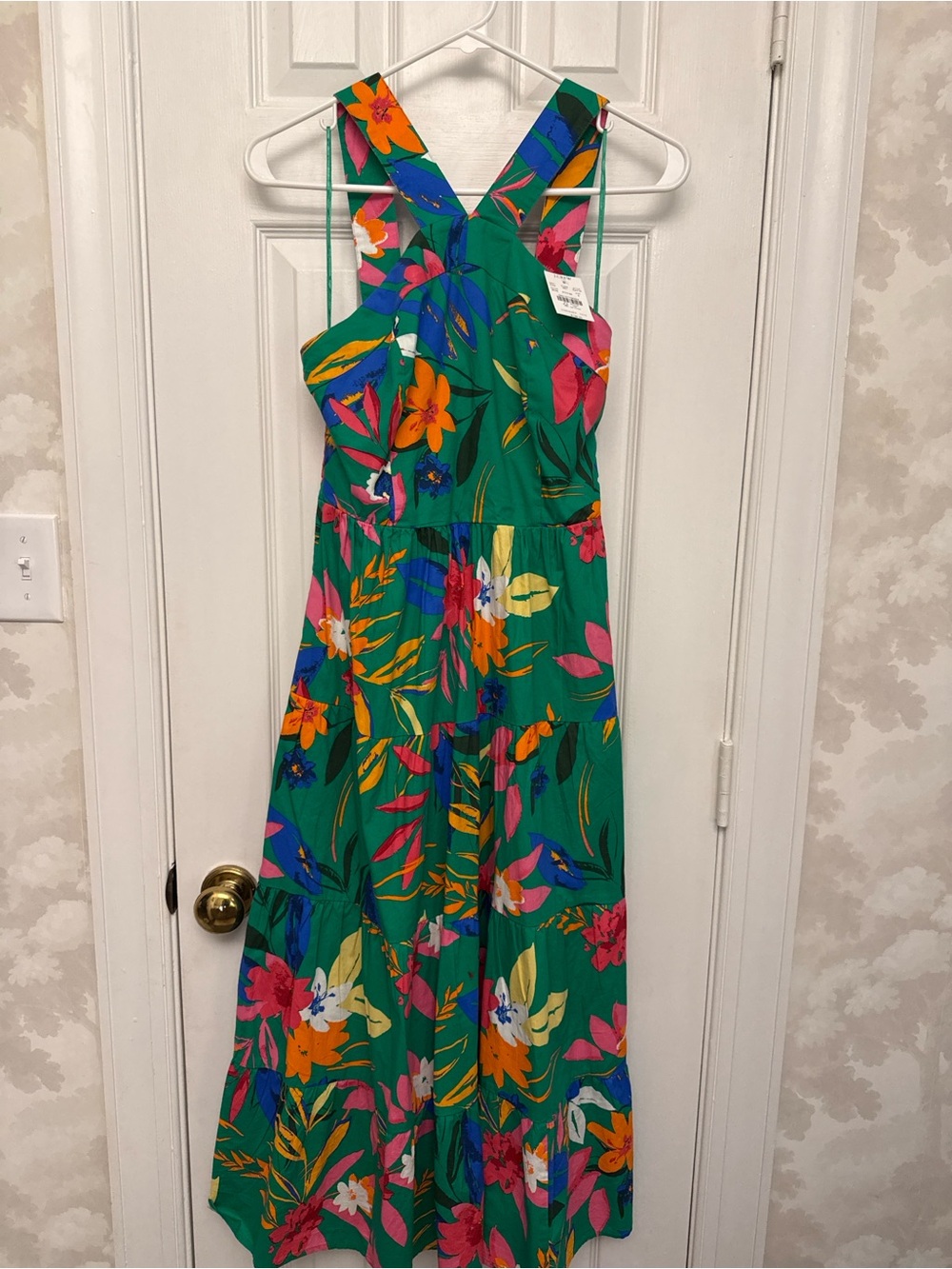 J. Crew Green Floral Midi Dress with Cross-Back Straps